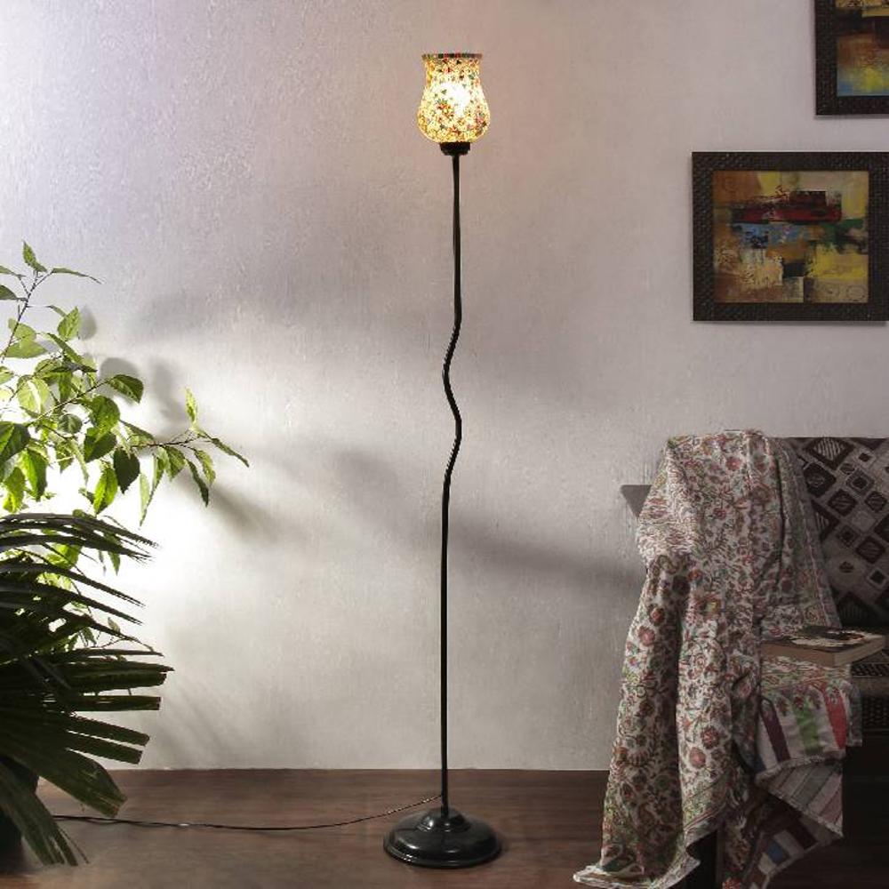 Hazel Multicolour Glass Floor Lamp with Black Iron Base - Devansh