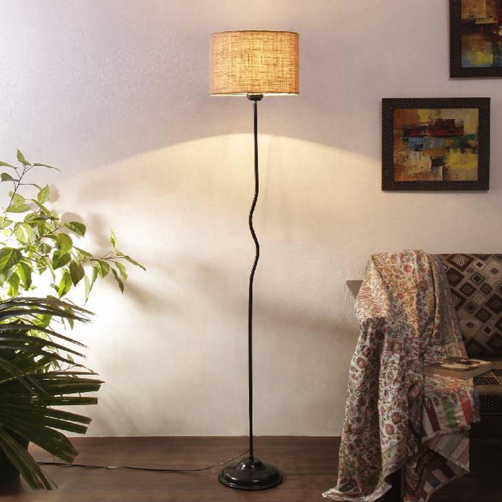Lilian Beige Natural Fiber Floor Lamp with Black Iron Base - Devansh
