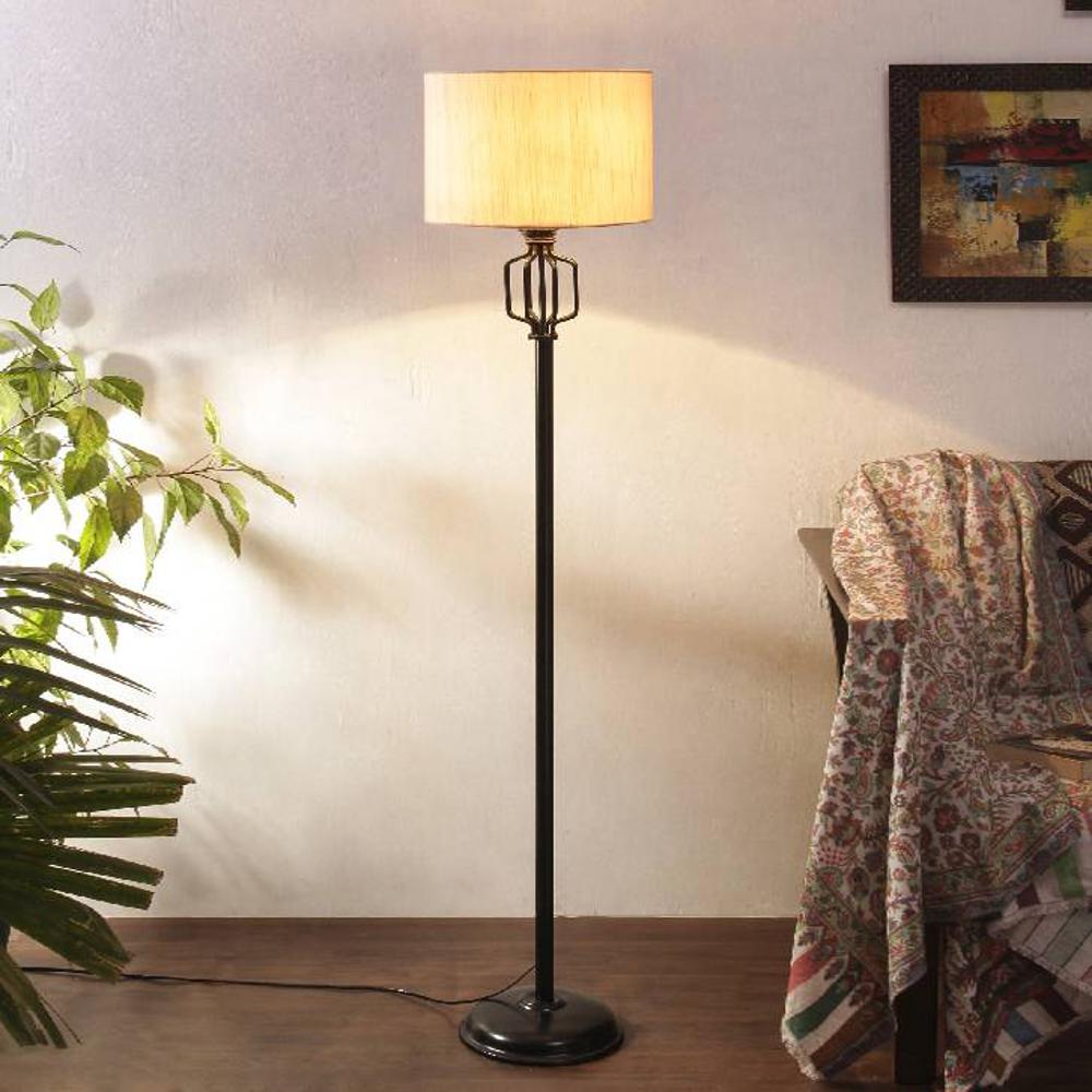 Daraine Off White Fabric Floor Lamp with Black Iron Base