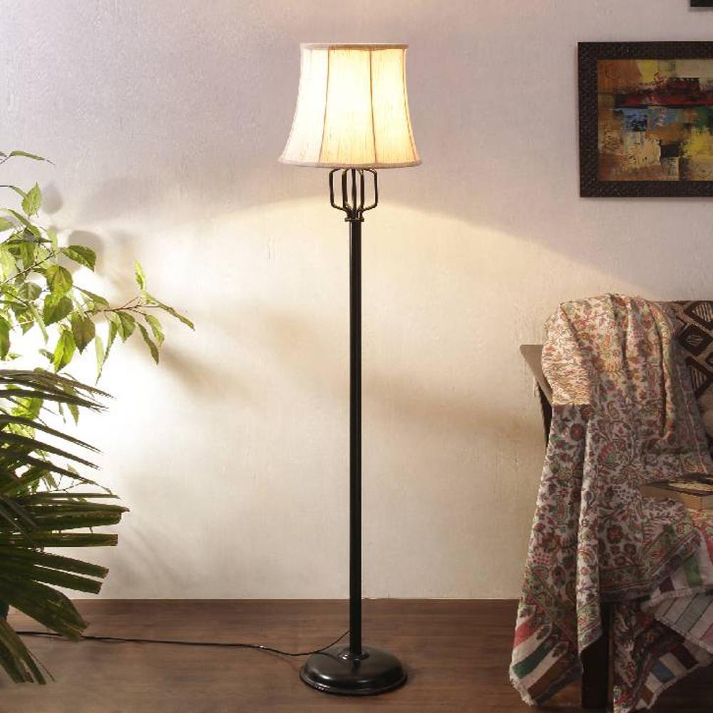 Sienna Off White Fabric Floor Lamp with Black Iron Base - Devansh