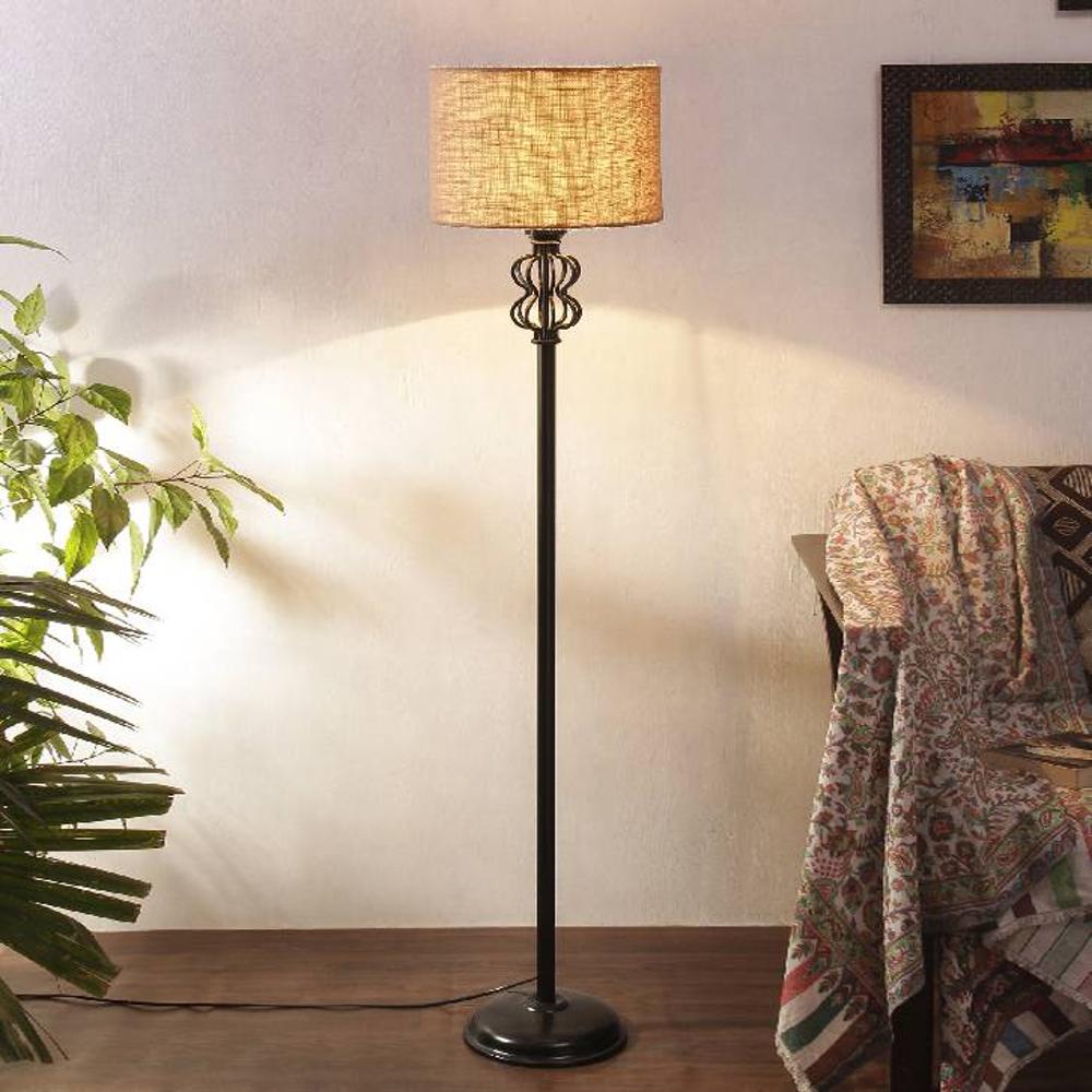 Rosemary Beige Natural Fiber Floor Lamp with Black Iron Base