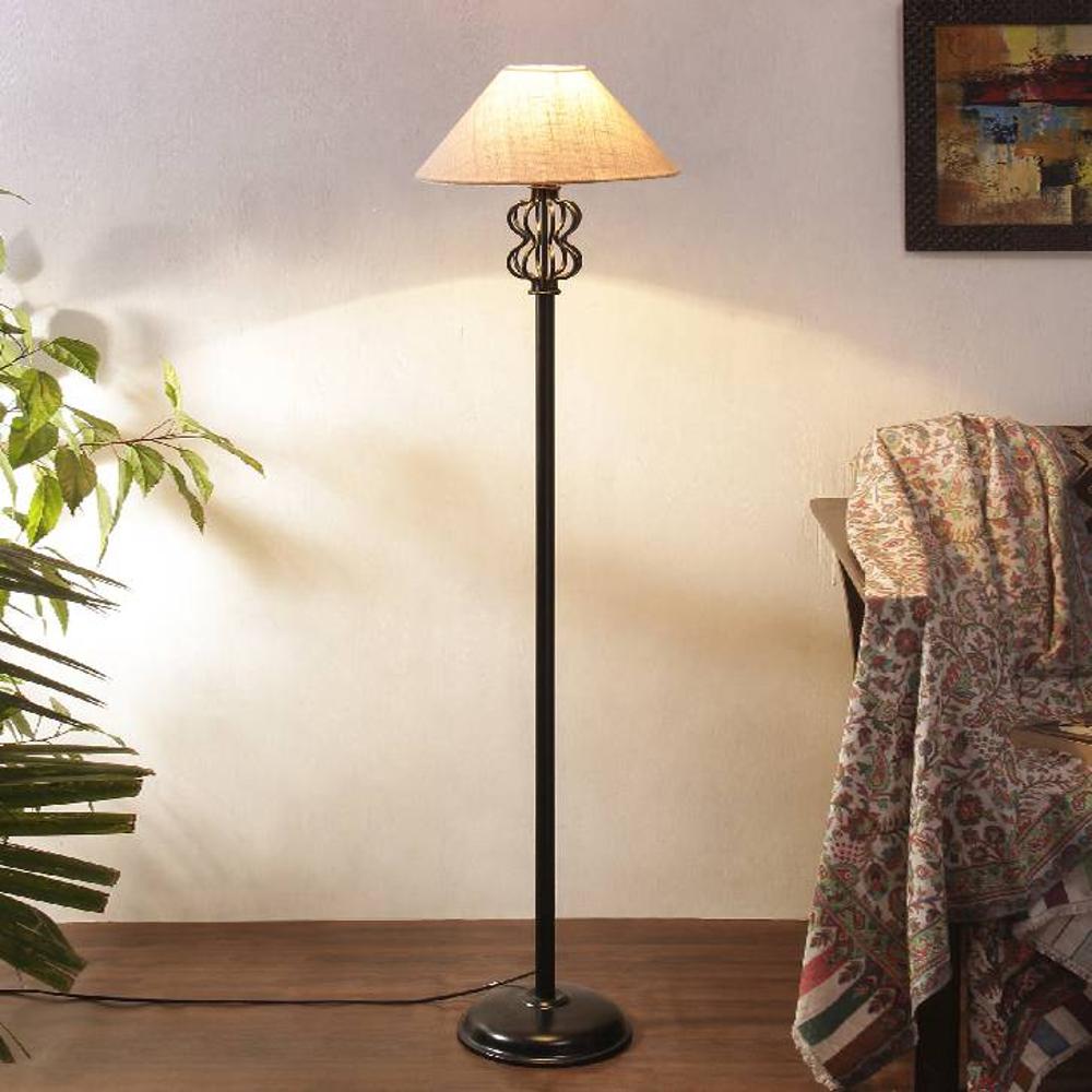 Ford White Natural Fiber Floor Lamp with Black Iron Base