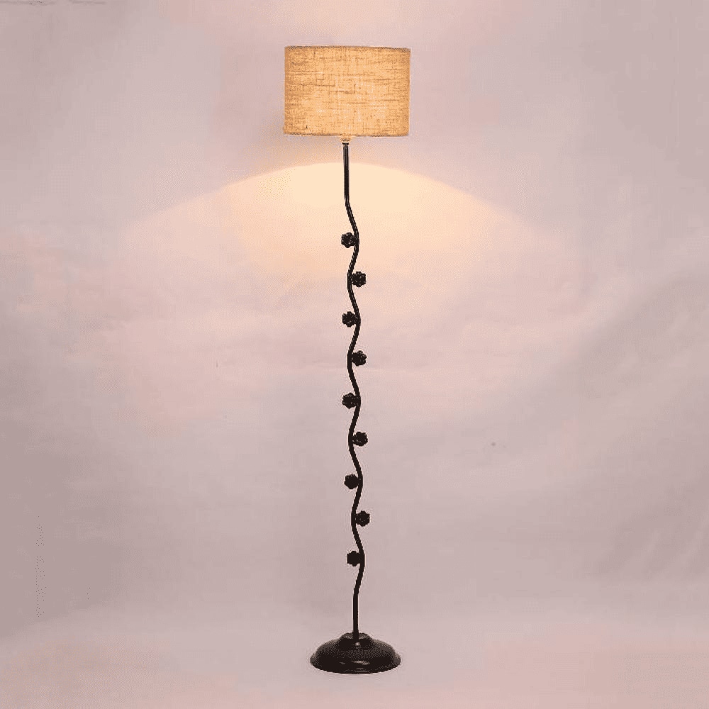 Amethyst Beige Natural Fiber Floor Lamp with Black Iron Base