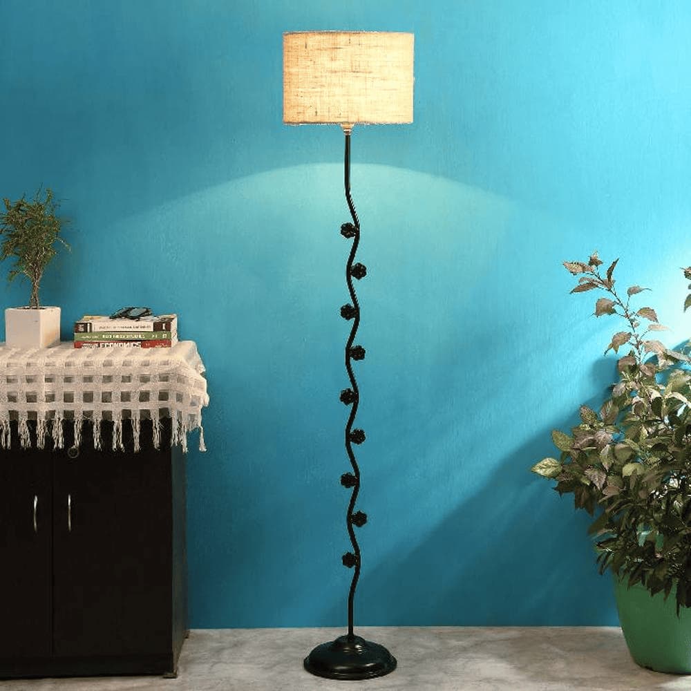 Amethyst Beige Natural Fiber Floor Lamp with Black Iron Base
