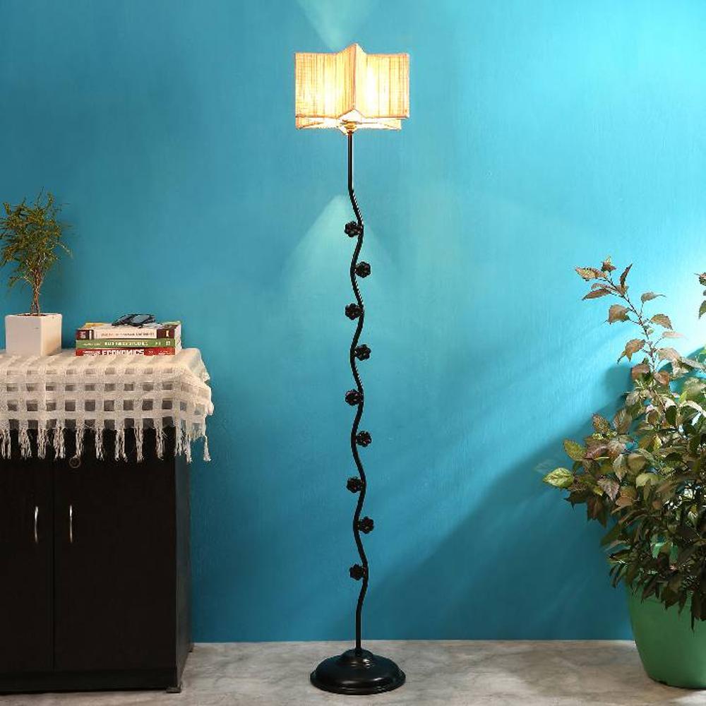 Ash Beige Bamboo Floor Lamp with Black Iron Base