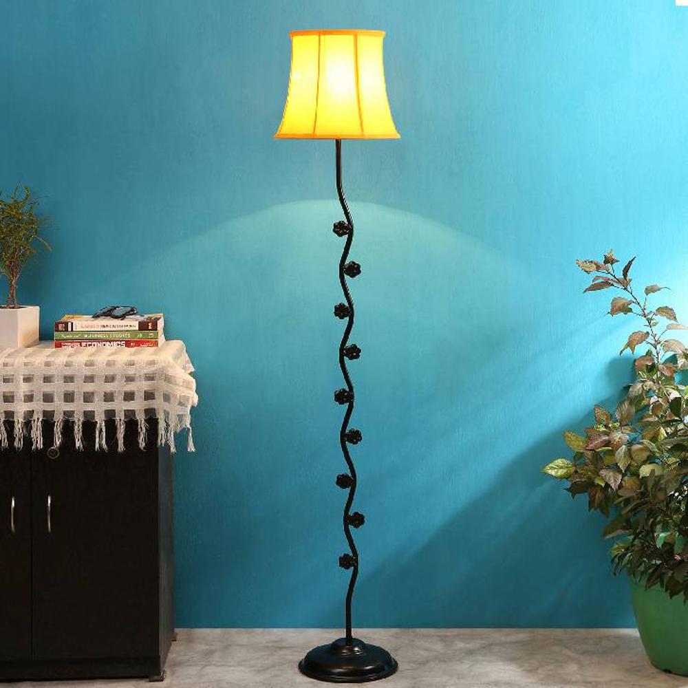 Ela Yellow Fabric Floor Lamp with Black Iron Base