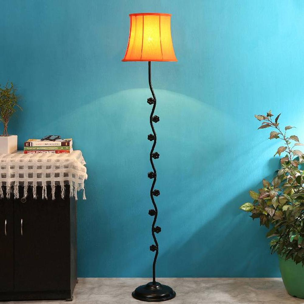 Delta Orange Fabric Floor Lamp with Black Iron Base - Devansh
