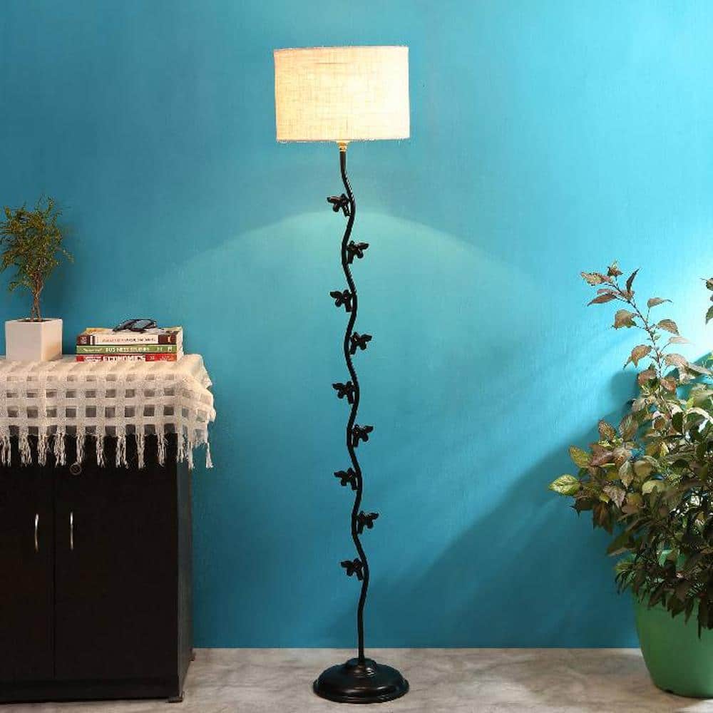 Canyon White Natural Fiber Floor Lamp with Black Iron Base - Devansh