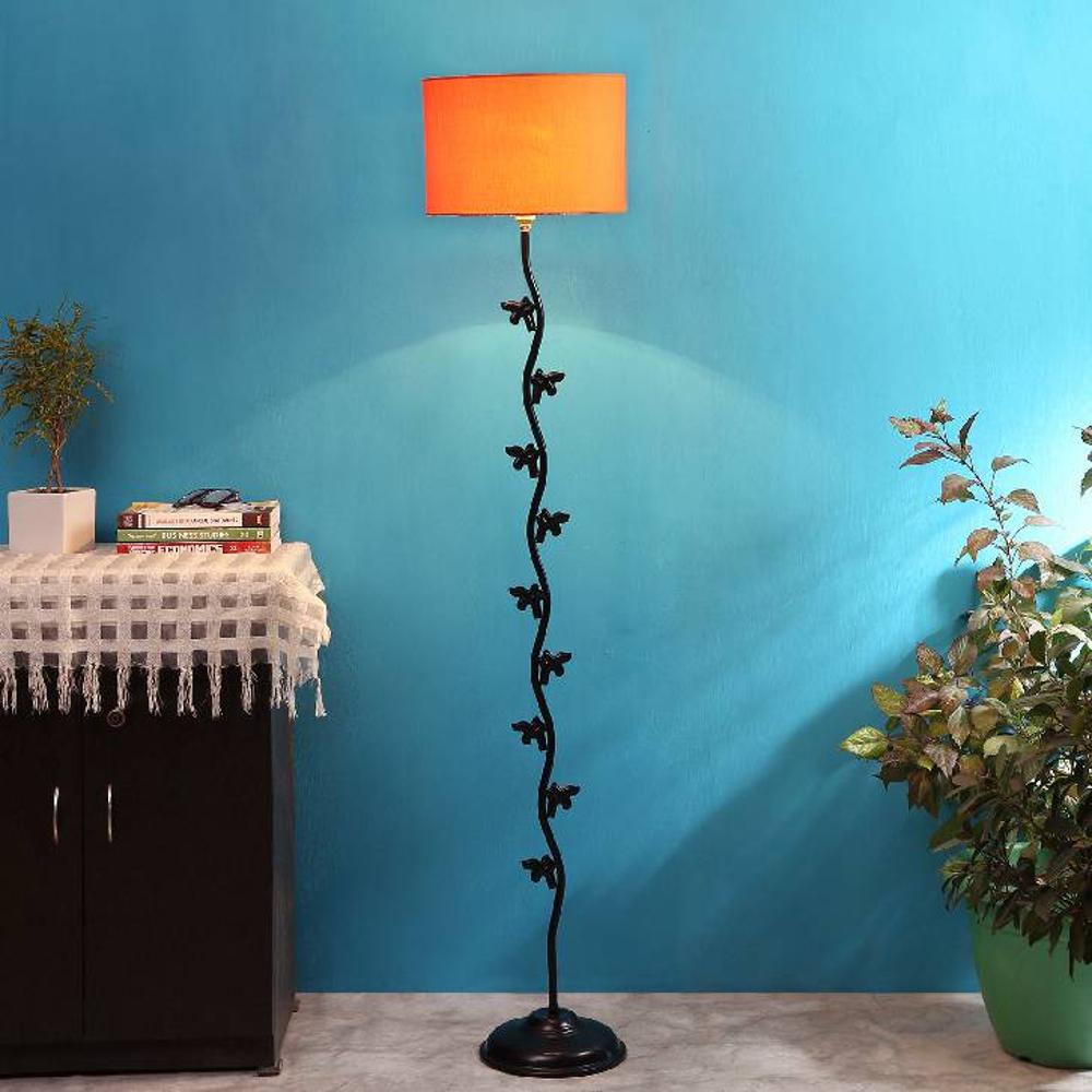 Kevin Orange Fabric Floor Lamp with Black Iron Base
