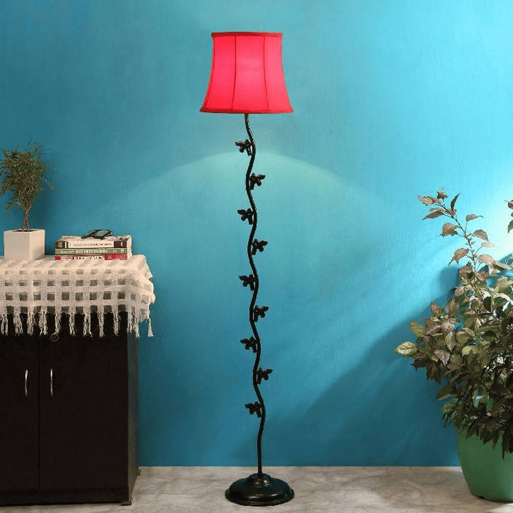 Killian Red Fabric Floor Lamp with Black Iron Base