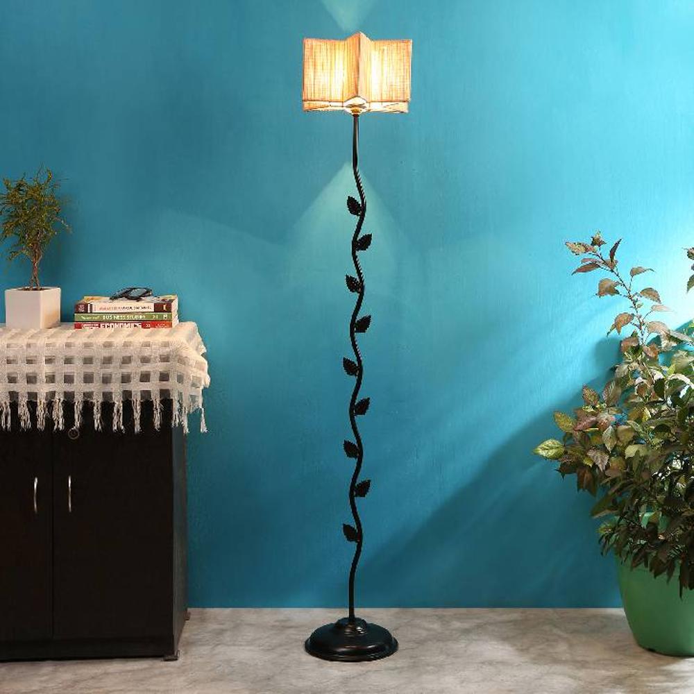Collins Beige Bamboo Floor Lamp with Black Iron Base