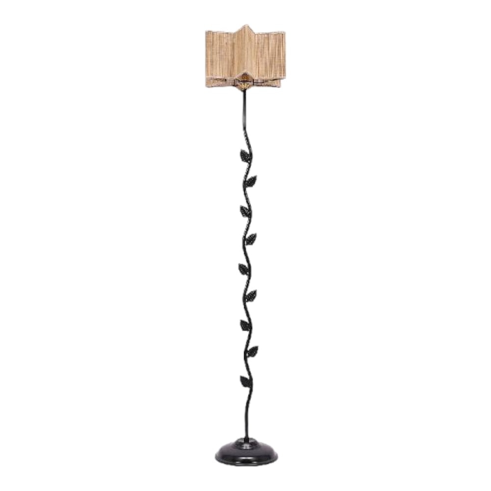 Collins Beige Bamboo Floor Lamp with Black Iron Base