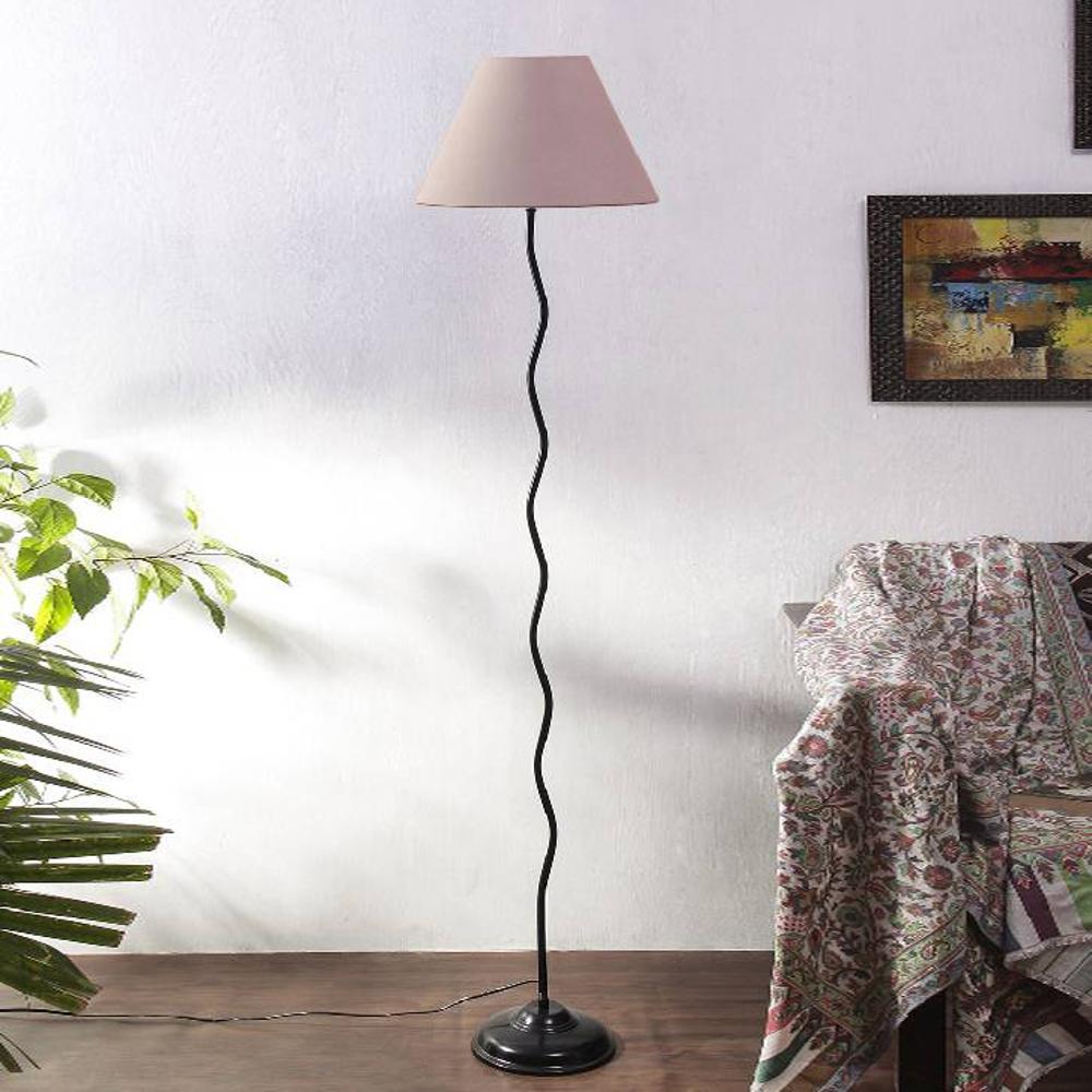 Karinya Grey Fabric Floor Lamp with Black Iron Base