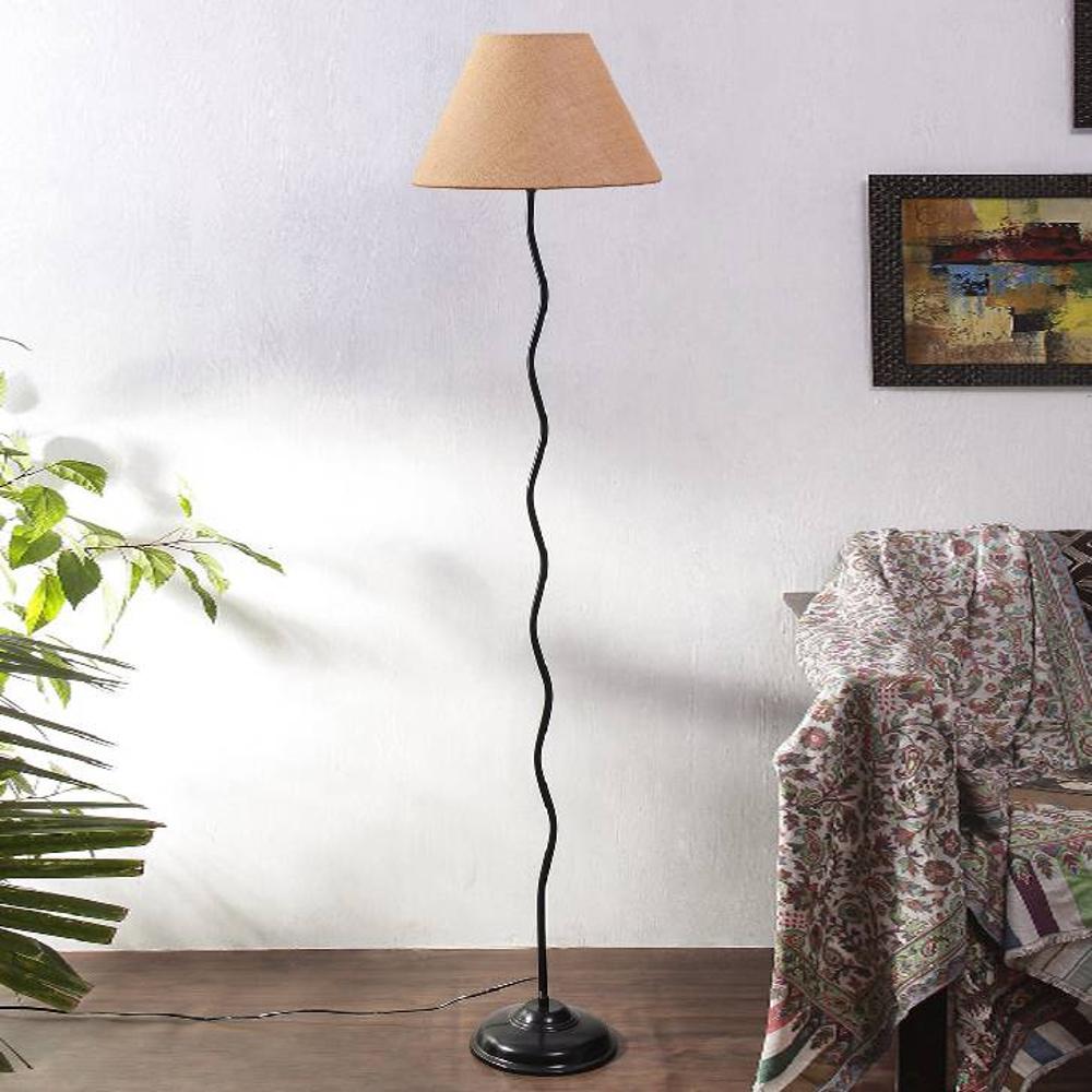 Simona Beige Natural Fiber Floor Lamp with Black Iron Base