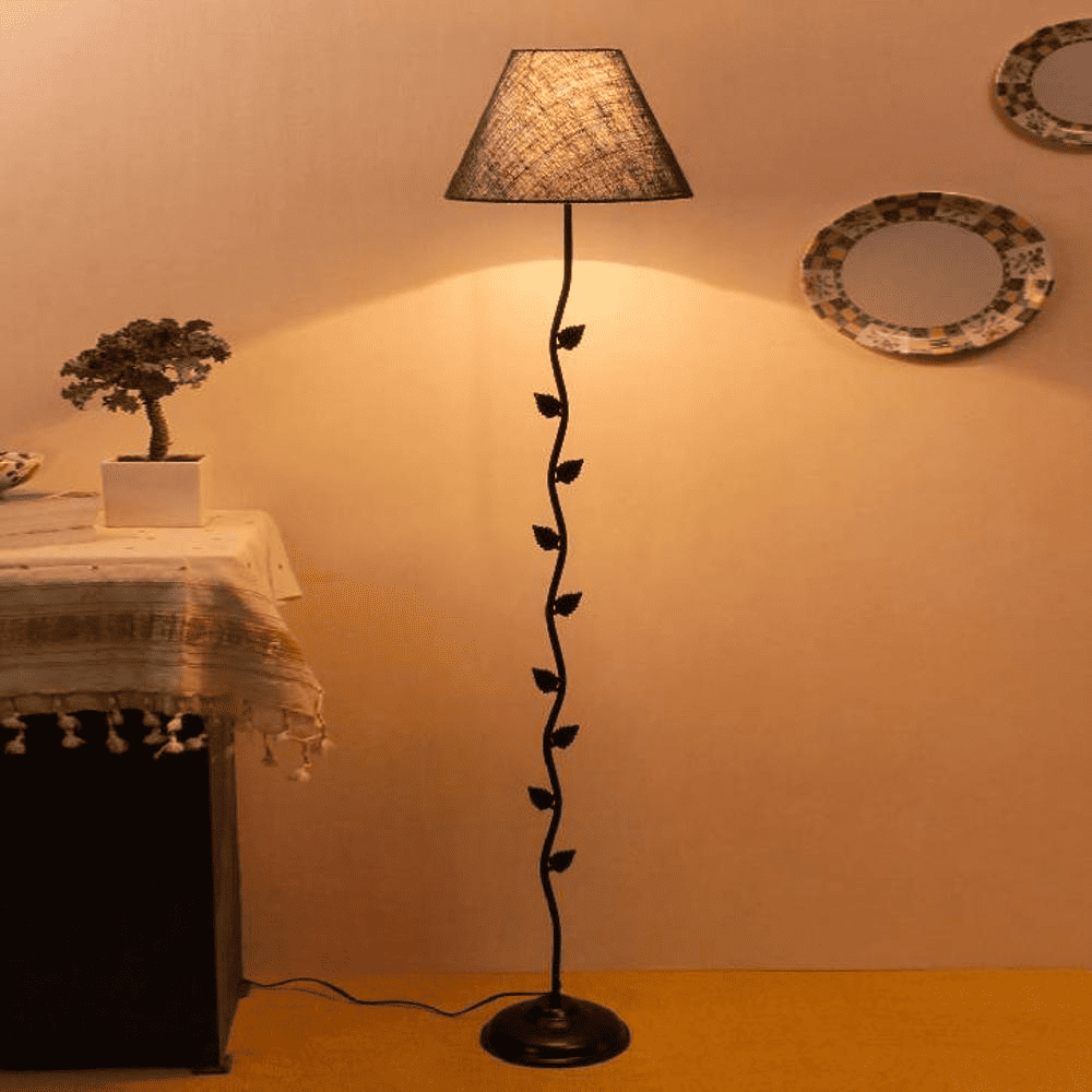 Bernice Blue Natural Fiber Floor Lamp with Black Iron Base