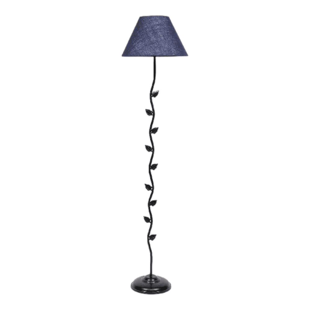 Bernice Blue Natural Fiber Floor Lamp with Black Iron Base