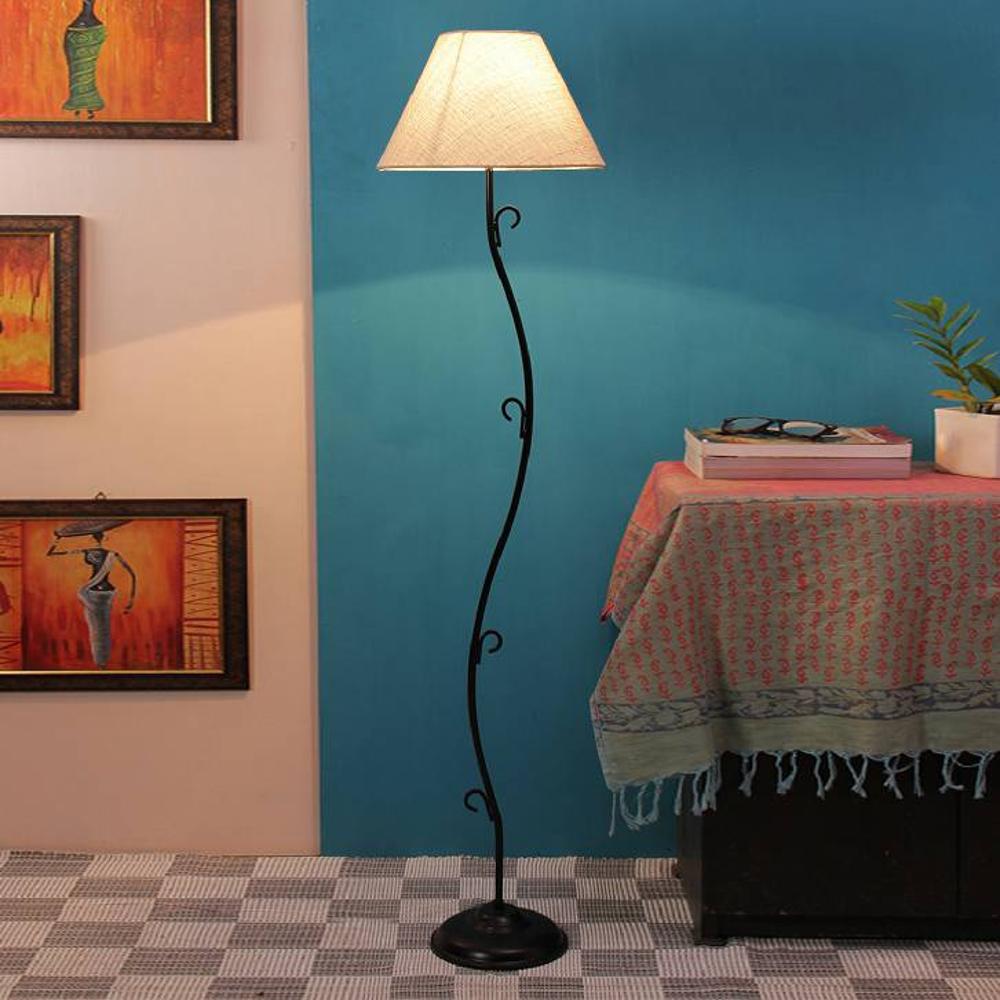 Dosia White Natural Fiber Floor Lamp with Black Iron Base - Devansh