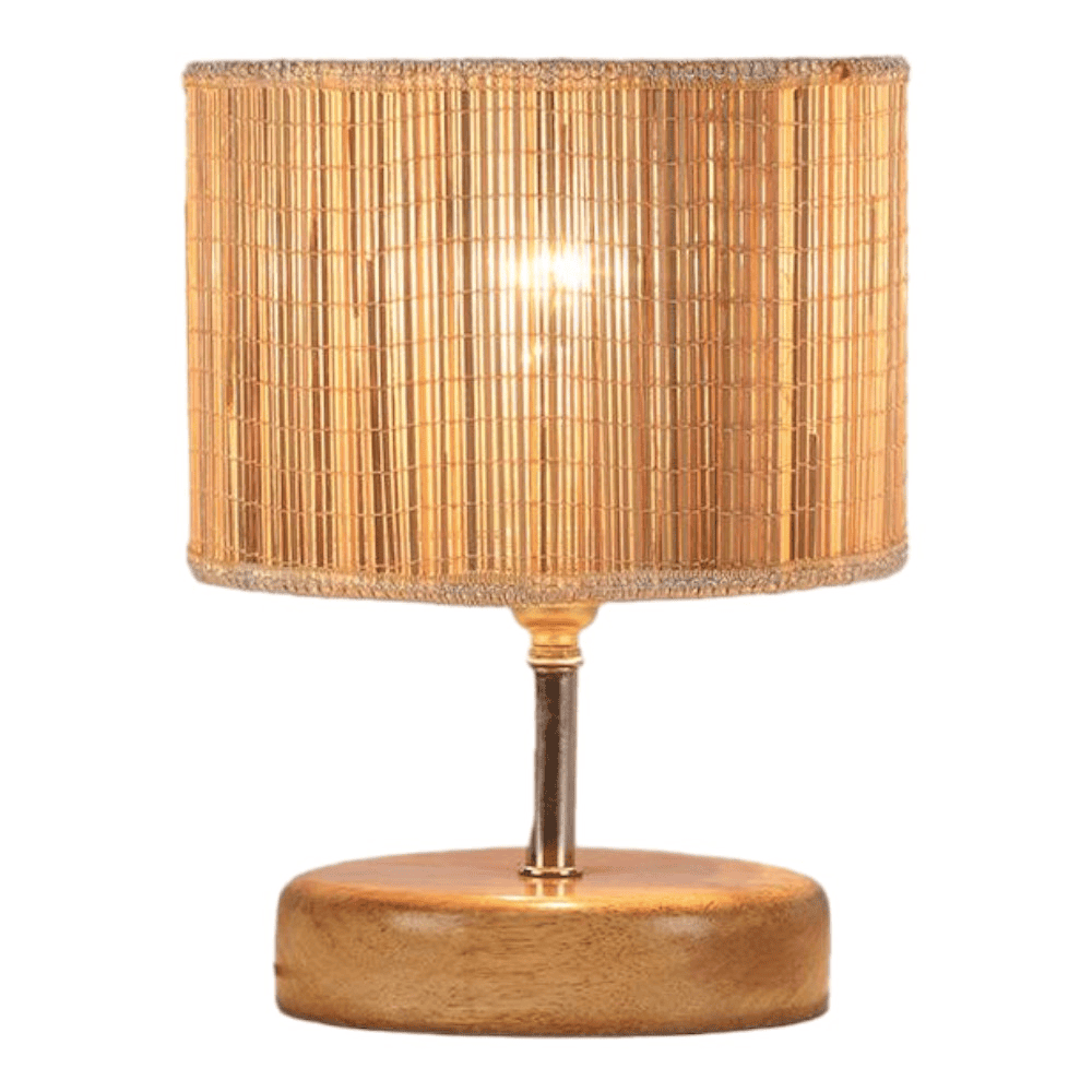 Sadra Beige Bamboo Shade Table Lamp with Natural Wooden Base