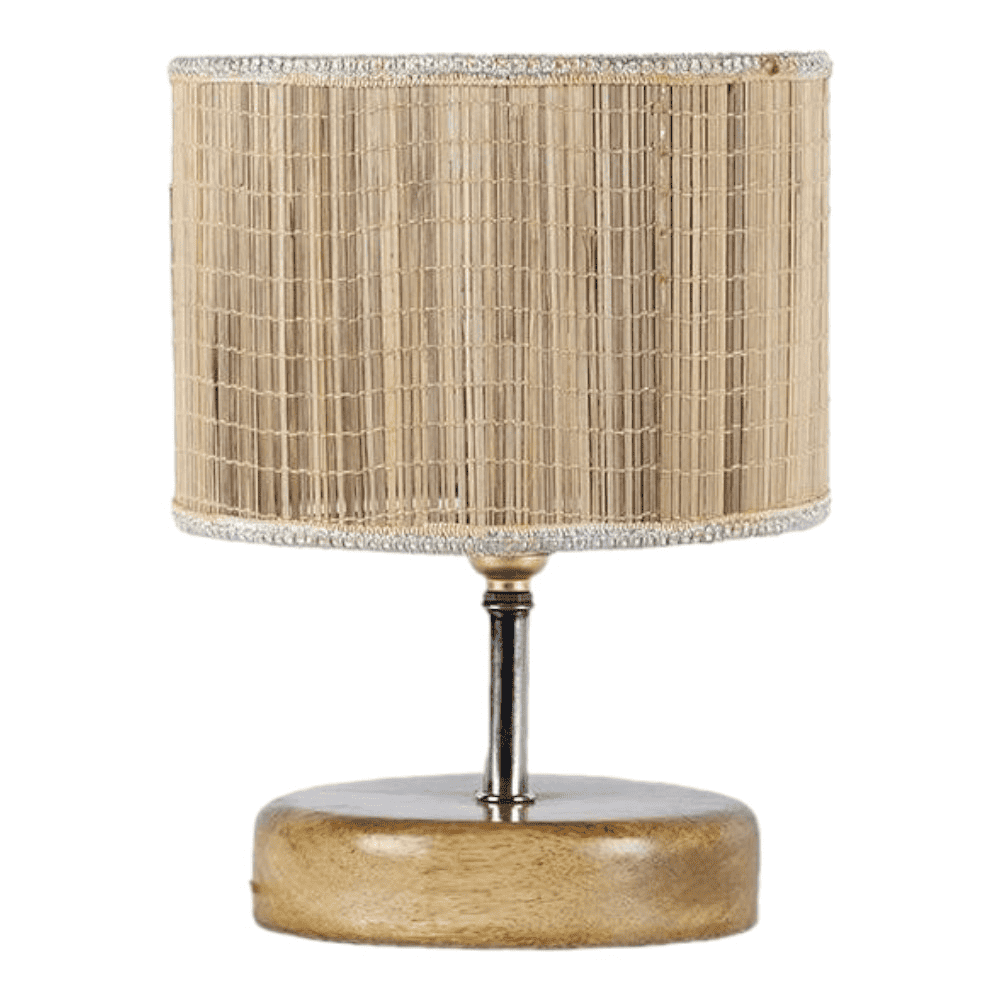 Sadra Beige Bamboo Shade Table Lamp with Natural Wooden Base