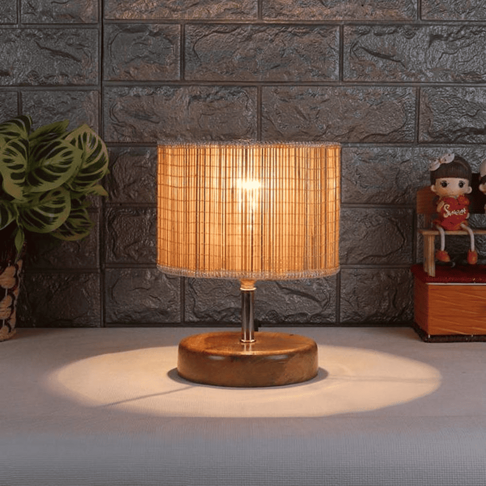 Sadra Beige Bamboo Shade Table Lamp with Natural Wooden Base