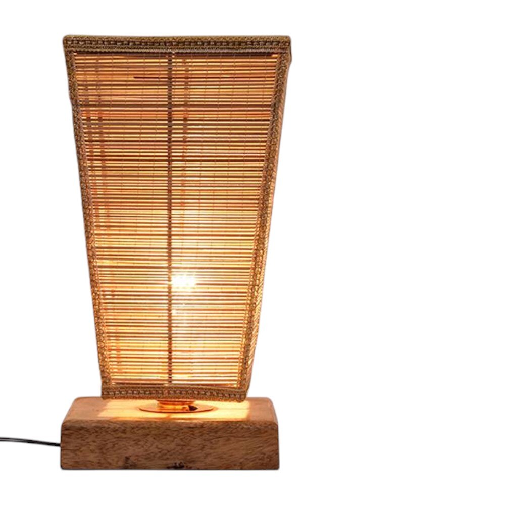 Audene Beige Bamboo Shade Table Lamp with Natural Wooden Base