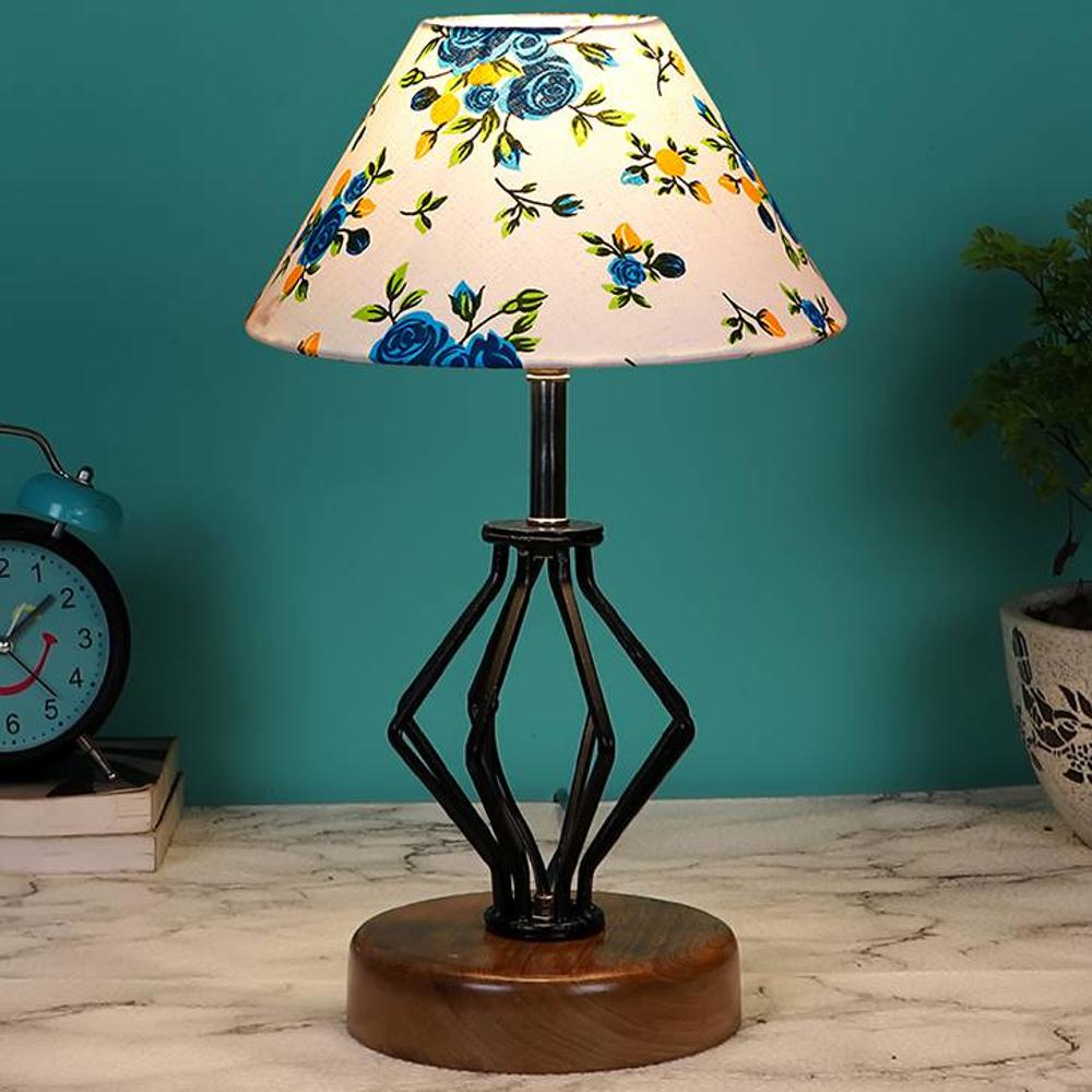 Joy Multicolor cotton Table lamp with Wood & Iron Base