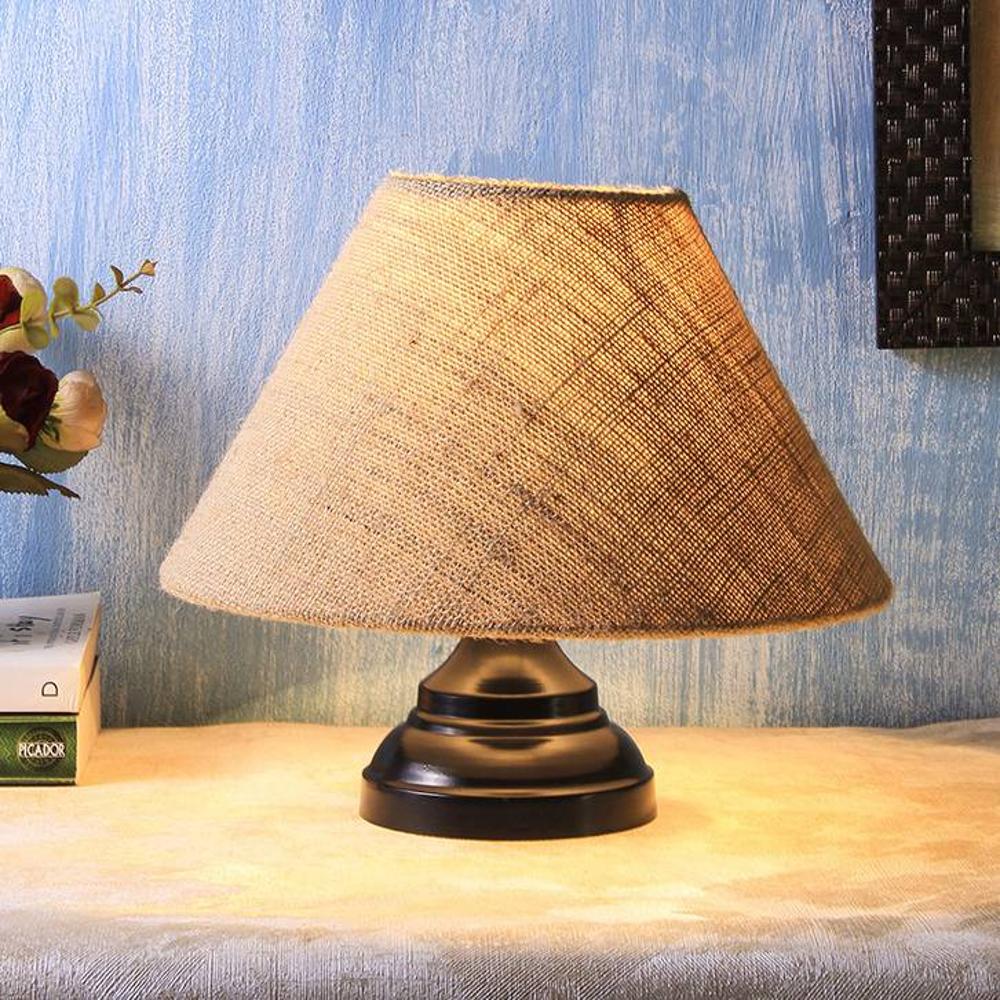 Slim Beige Natural Fiber Shade Table Lamp with Black Iron Base
