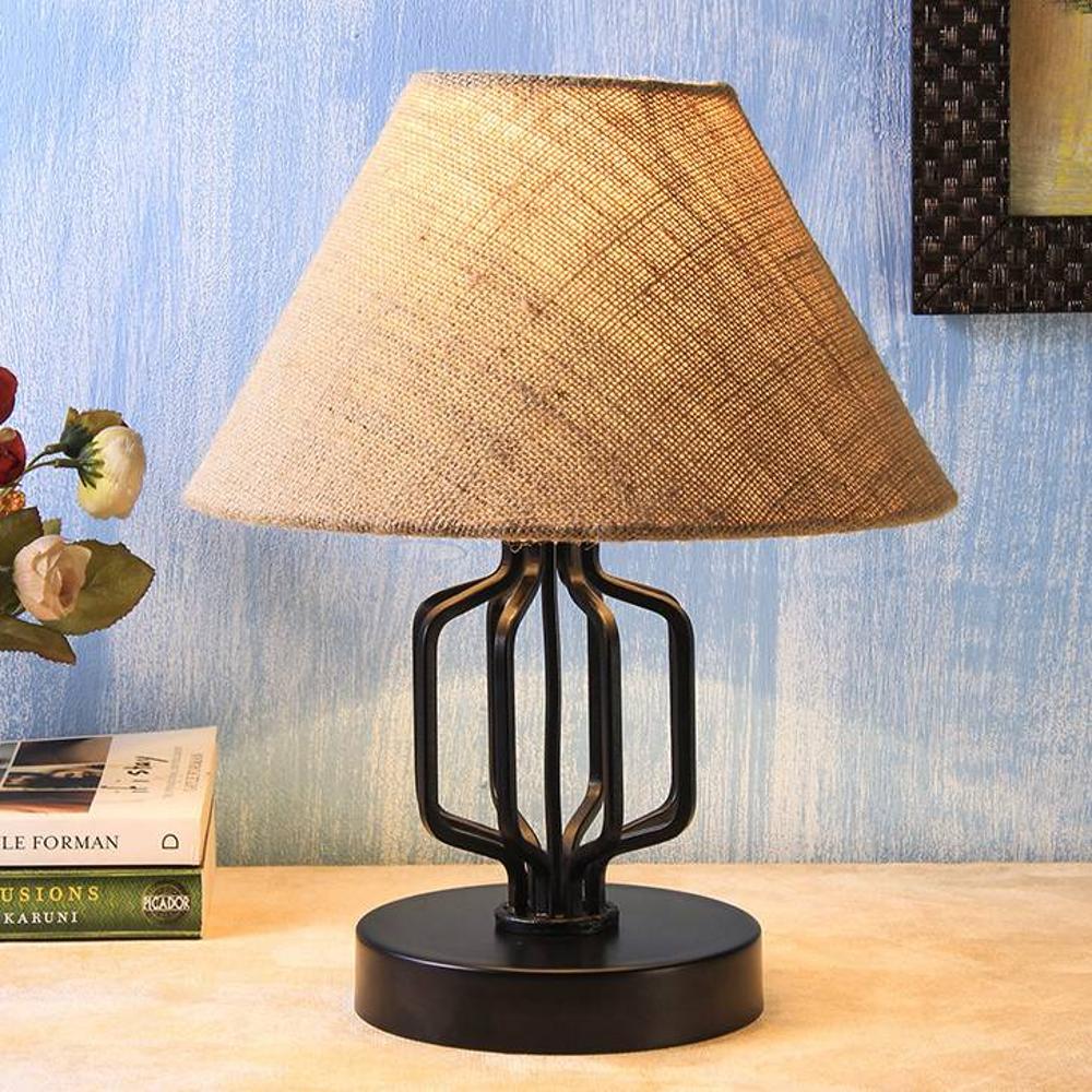 Wolcott Beige Fabric Shade Table Lamp with Black Iron Base