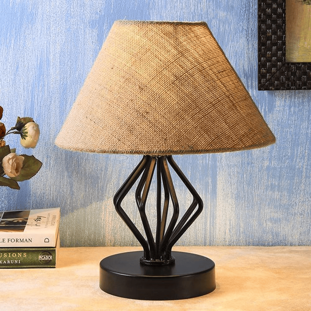 Rubie Beige Fabric Shade Table Lamp with Black Iron Base