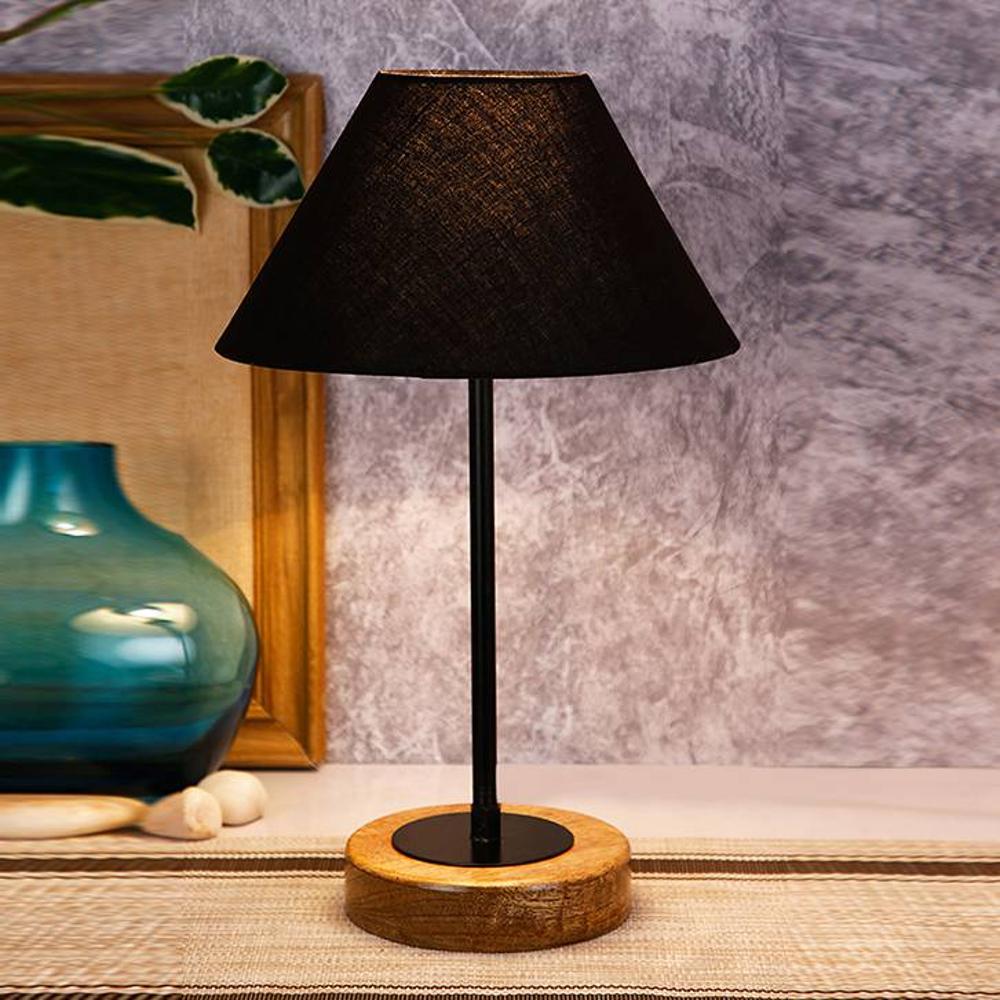 Keenan Black Fabric Shade Table Lamp with Natural Wood & Iron Base