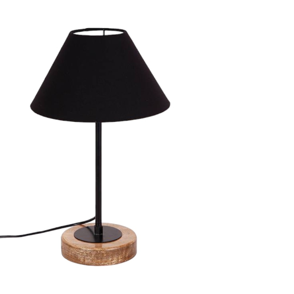 Keenan Black Fabric Shade Table Lamp with Natural Wood & Iron Base