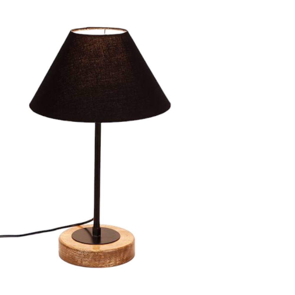 Keenan Black Fabric Shade Table Lamp with Natural Wood & Iron Base