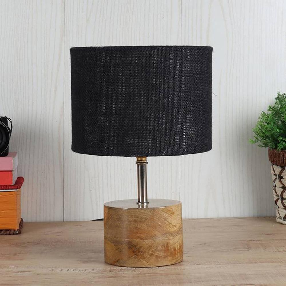 Agatha Black Natural Fiber Shade Table Lamp with Natural Wooden Base