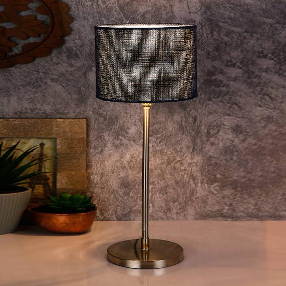 Hakeem Blue Natural Fiber Shade Table Lamp with Steel Steel Base