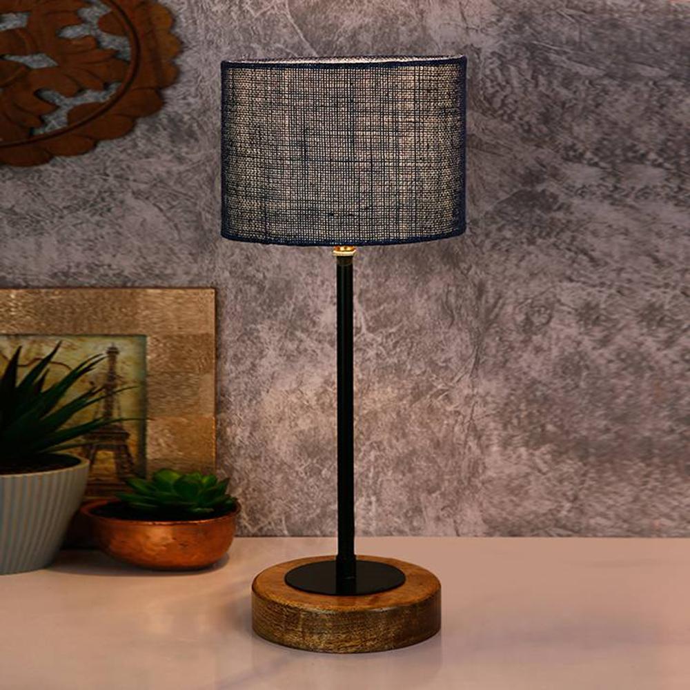 Marlon Blue Natural Fiber Shade Table Lamp with Natural Wood & Iron Base
