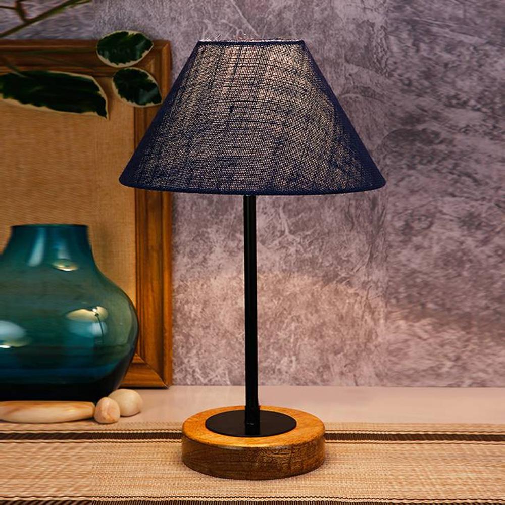 Rogelio Blue Natural Fiber Shade Table Lamp with Natural Wood & Iron Base - Devansh
