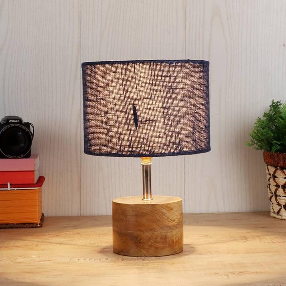 Tre Blue Natural Fiber Shade Table Lamp with Natural Wooden Base - Devansh