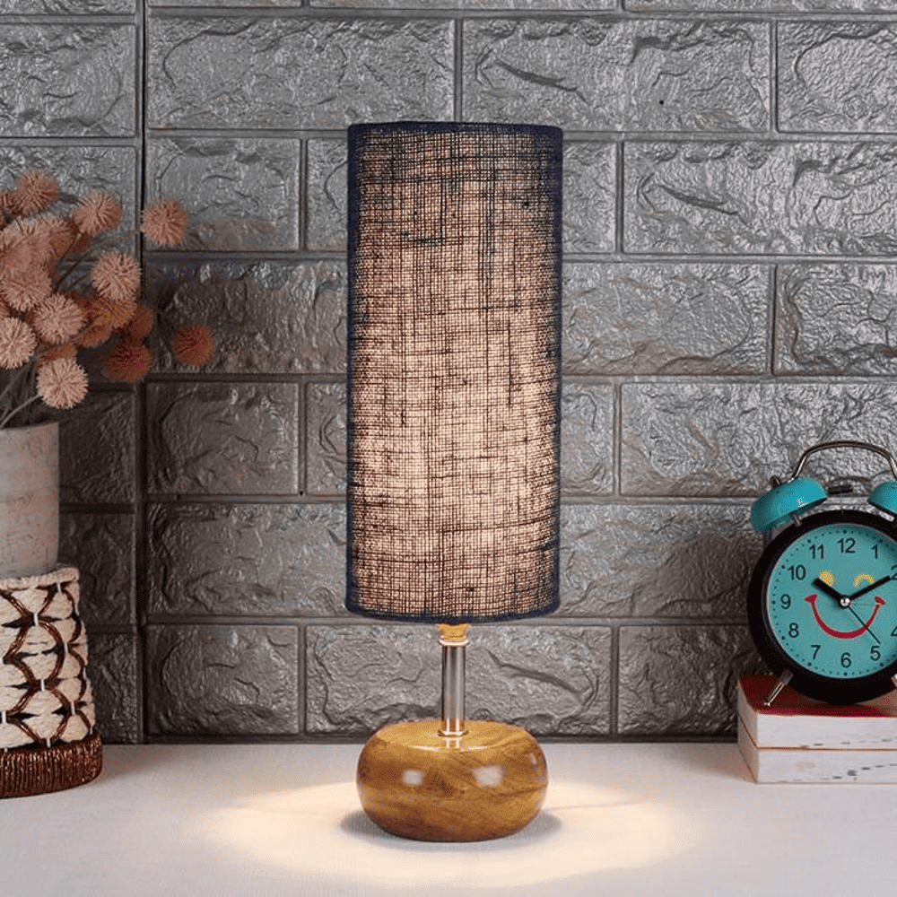 Penelope Blue Natural Fiber Shade Table Lamp with Natural Wooden Base