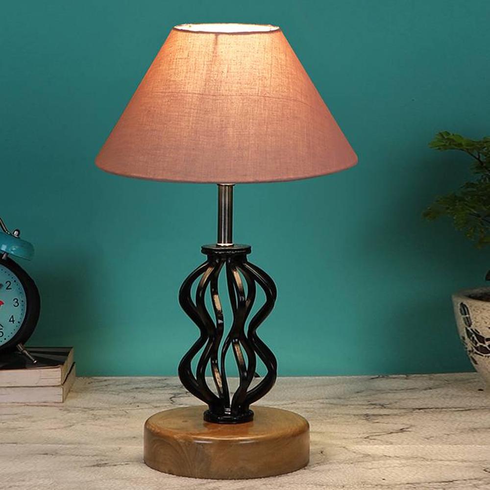 Gracelyn Grey cotton Table lamp with Wood & Iron Base - Devansh