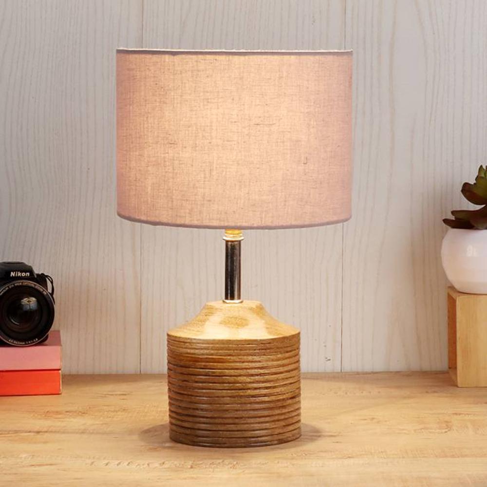 Edith Grey Fabric Shade Table Lamp with Natural Wooden Base