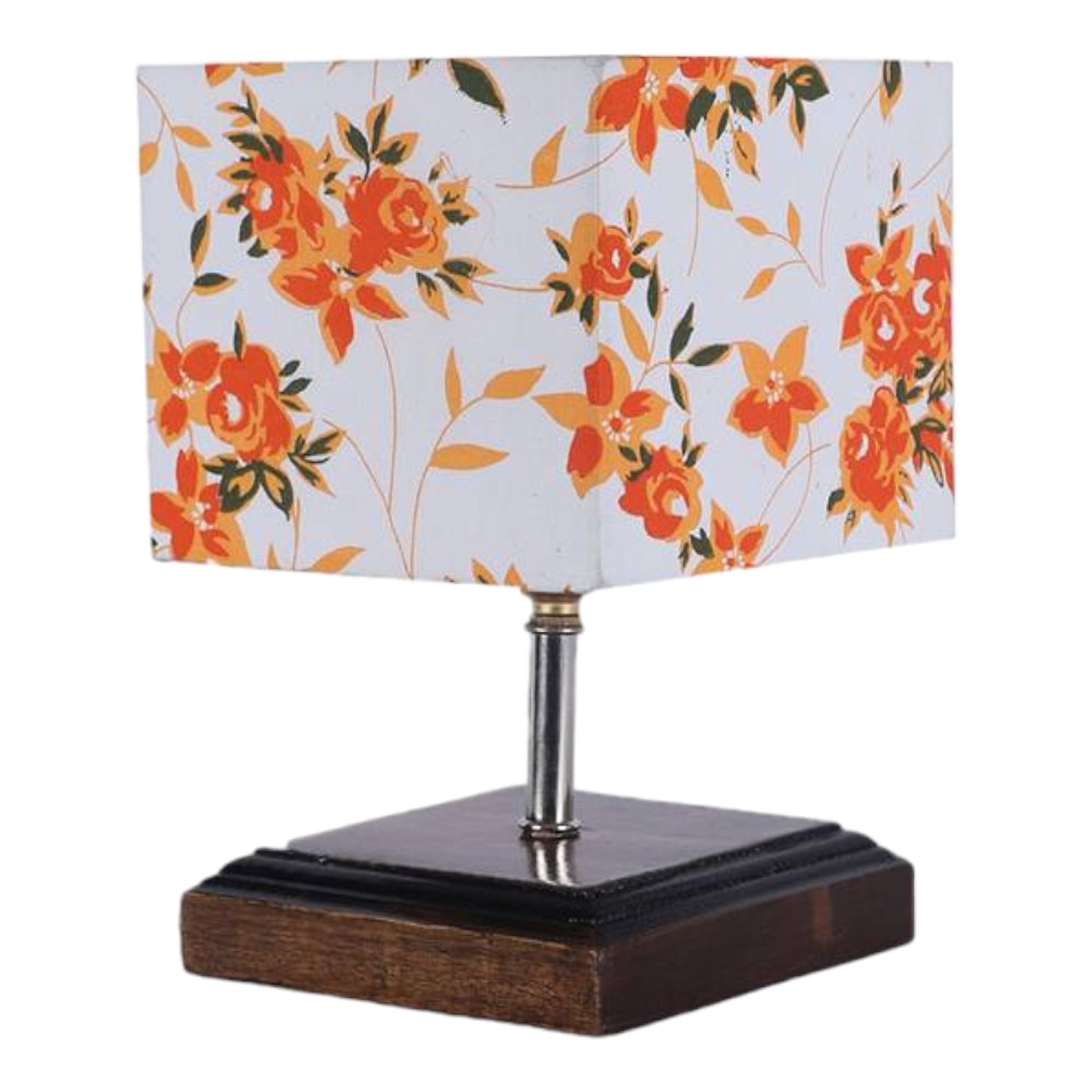 Dario Multicolour Fabric Shade Table Lamp with Brown Wood & Steel Base