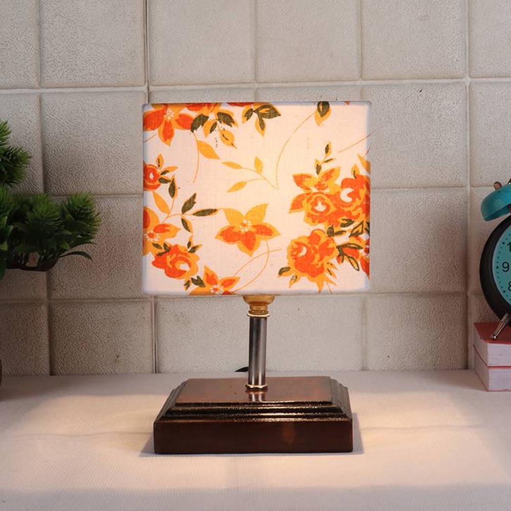 Dario Multicolour Fabric Shade Table Lamp with Brown Wood & Steel Base