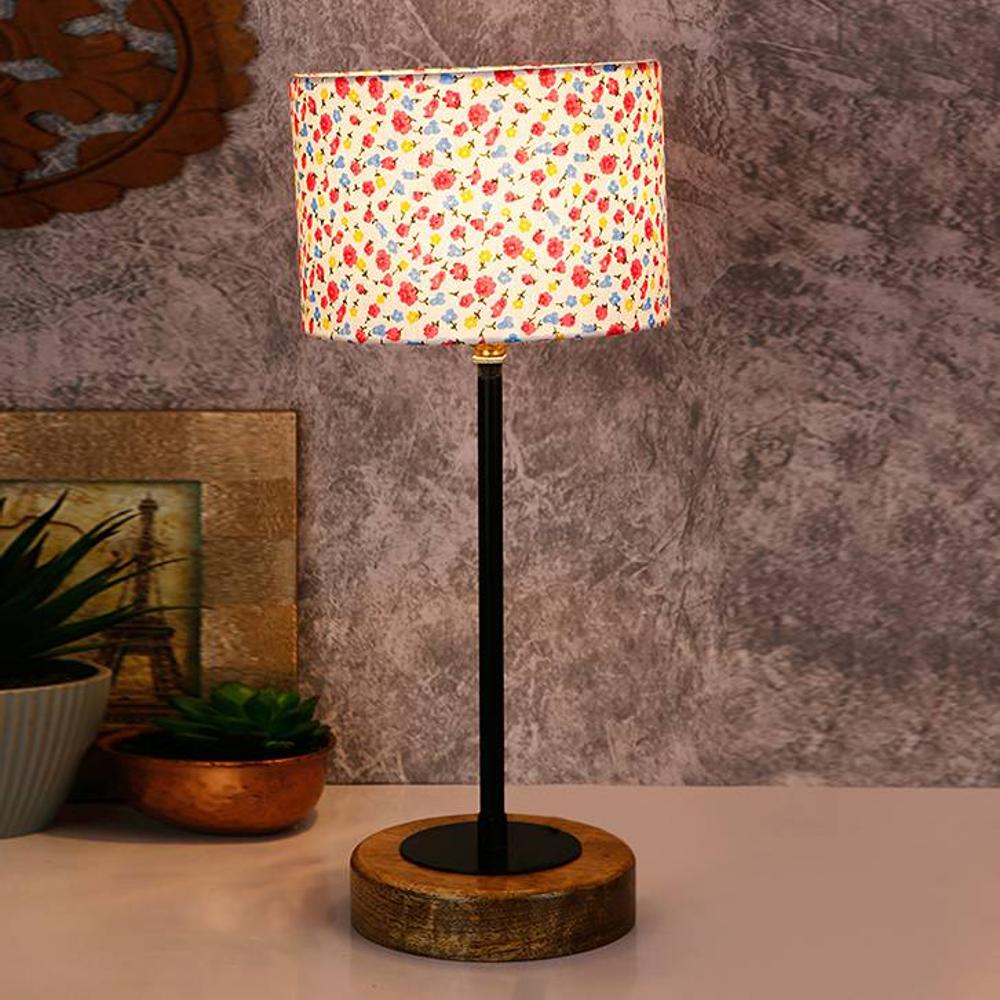 Harris Multicolour Fabric Shade Table Lamp with Natural Wood & Iron Base