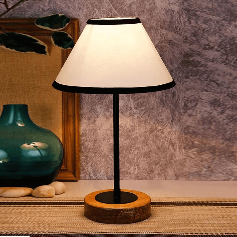 Kalel Multicolour Fabric Shade Table Lamp with Natural Wood & Iron Base