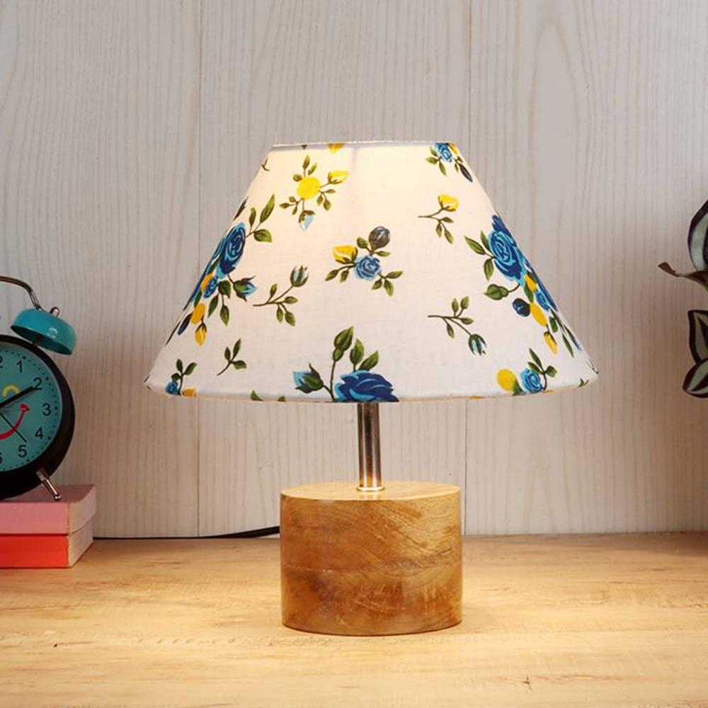 Christina Multicolour Fabric Shade Table Lamp with Natural Wooden Base - Devansh