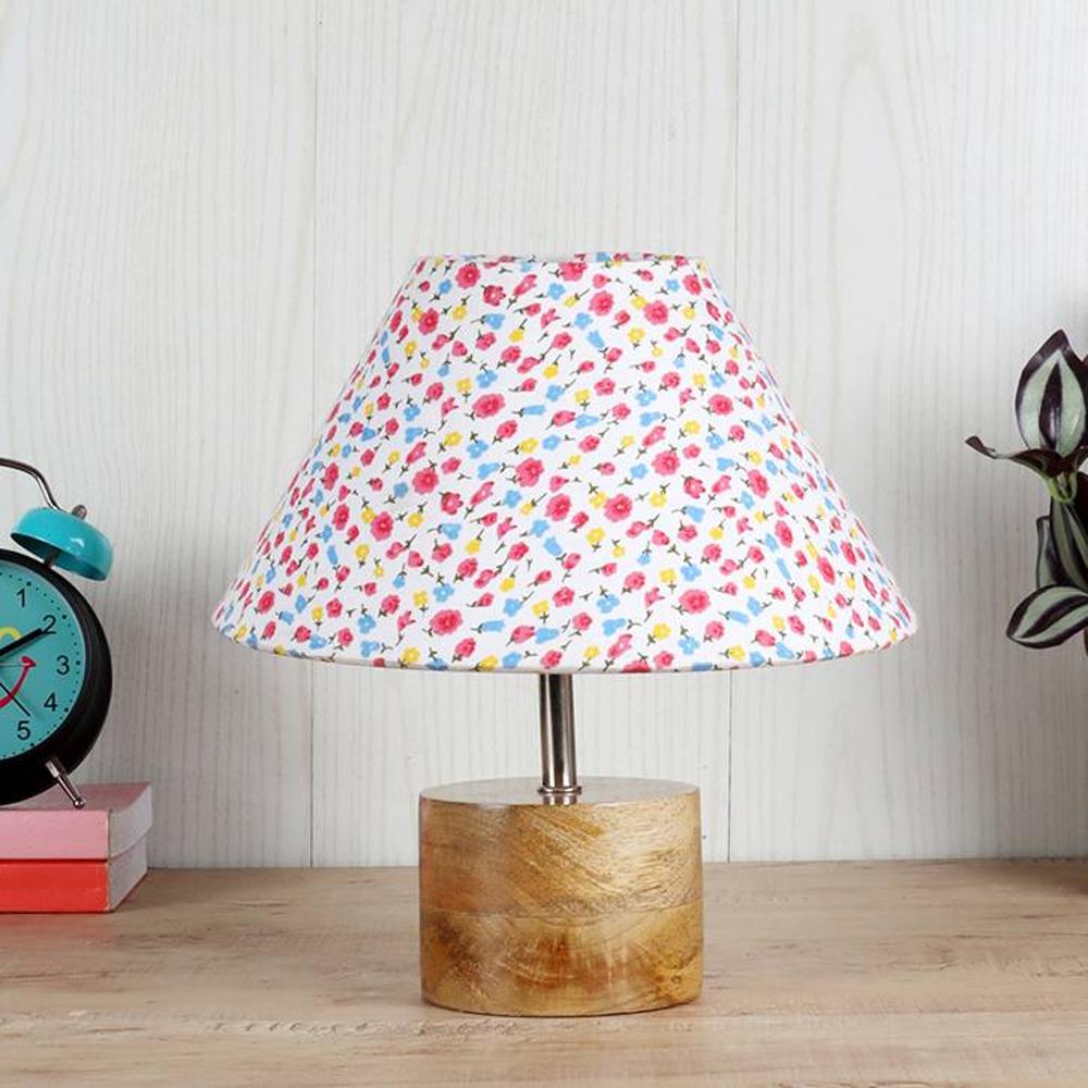 Claire Multicolour Fabric Shade Table Lamp with Natural Wooden Base - Devansh