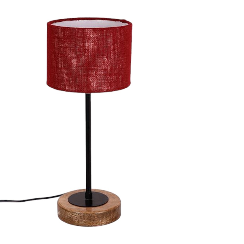 Jaxen Maroon Natural Fiber Shade Table Lamp with Natural Wood & Iron Base