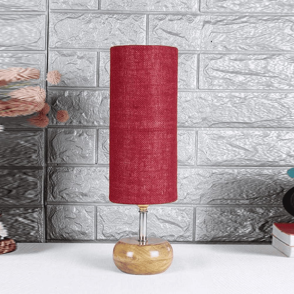 Norah Maroon Natural Fiber Shade Table Lamp with Natural Wooden Base