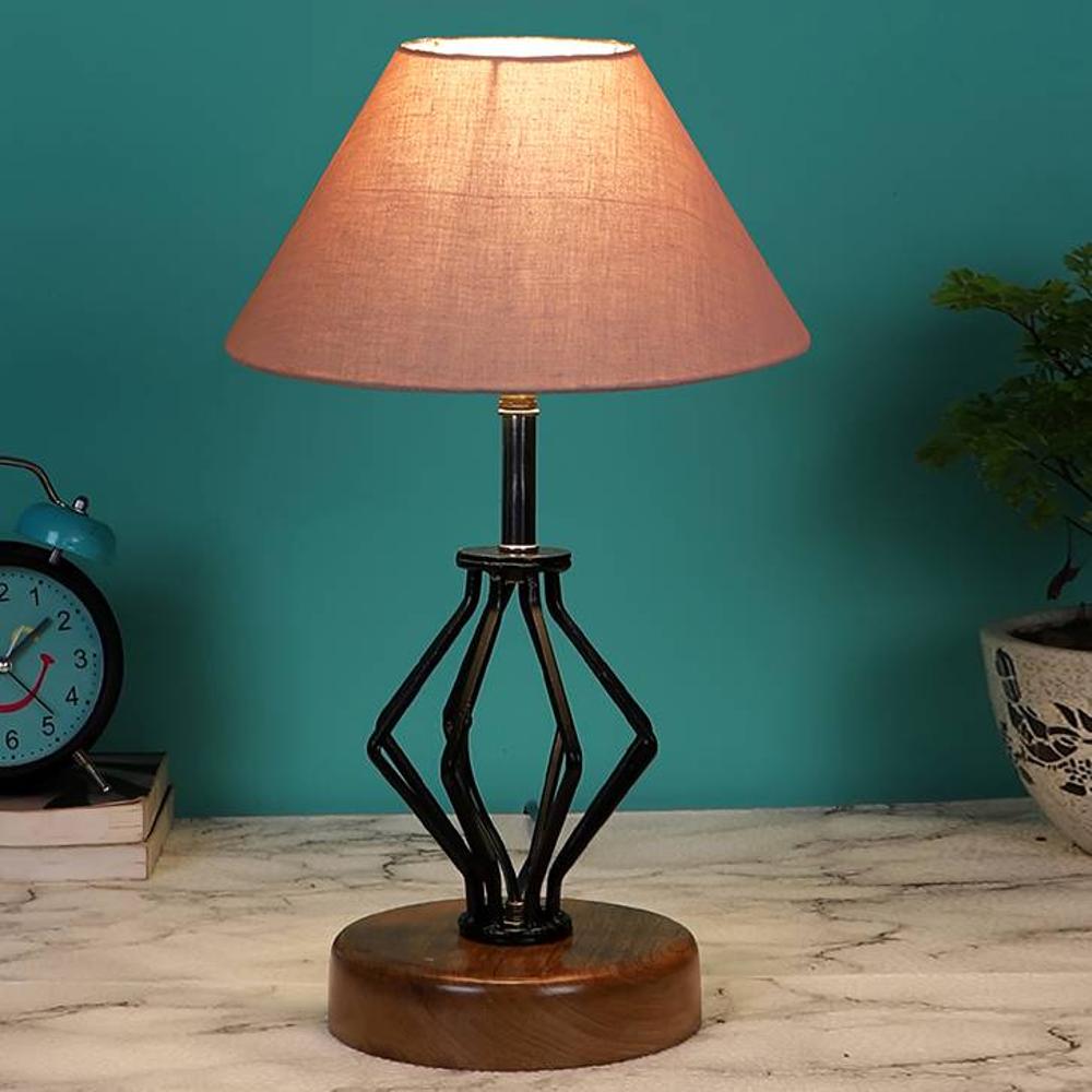 Sabrina Grey cotton Table lamp with Wood & Iron Base - Devansh