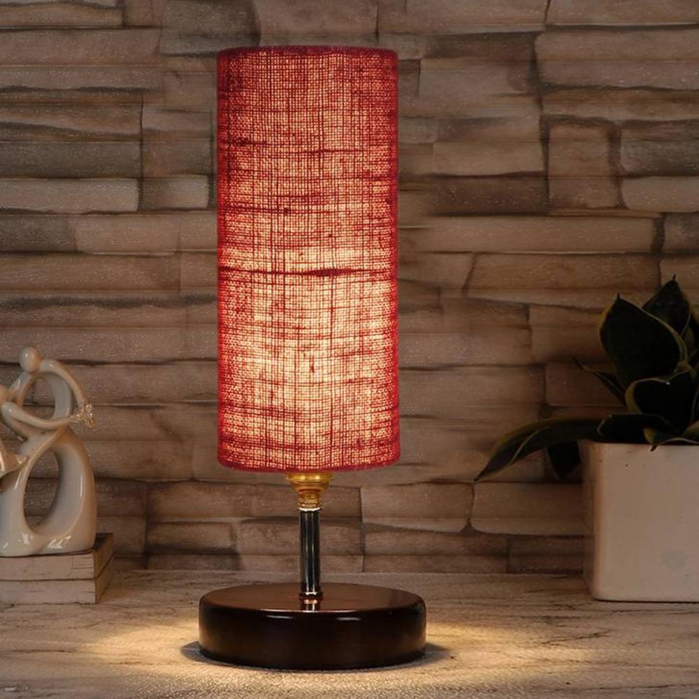 Kirby Maroon Jute table lamp with brown wood base